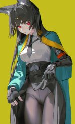 Rule 34 | 1girl, animal ear fluff, animal ears, black necktie, black pantyhose, black skirt, blunt bangs, clothes lift, fingerless gloves, fox ears, fox girl, gauntlets, gloves, green jacket, headband, high-waist skirt, highres, hoshimi miyabi, iumu, jacket, lifting own clothes, looking at viewer, necktie, panties, panties under pantyhose, pantyhose, red eyes, side slit, simple background, single fingerless glove, single gauntlet, skirt, skirt lift, solo, underwear, yellow headband, zenless zone zero