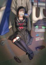 1boy 1girl absurdres bag black_eyes black_hair black_serafuku black_shirt black_skirt black_socks blunt_bangs bound collarbone gag gagged glasses hand_on_another&#039;s_chin highres improvised_gag kidnapping kneehighs loafers looking_at_viewer neckerchief original pleated_skirt po-i-mu red_neckerchief restrained school_bag school_uniform serafuku shirt shoes short_hair shovel skirt socks tape tape_gag tearing_up unworn_footwear