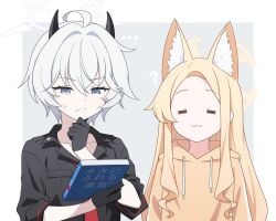 2girls :3 =_= absurdres ahoge alternate_costume animal_ear_fluff animal_ears black_gloves black_shirt blue_archive book closed_mouth commentary_request demon_girl demon_horns erika_(blue_archive) forehead fox_ears fox_girl frieren gloves grey_eyes hair_between_eyes hand_on_own_chin highres holding holding_book hood hoodie horns long_hair multiple_girls nako775 necktie red_necktie revision seia_(blue_archive) shirt short_hair sidelocks sleeves_rolled_up sousou_no_frieren tanezaki_atsumi thinking translated voice_actor_connection white_hair yellow_hoodie