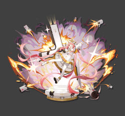 1girl absurdly_long_hair absurdres alchemy_stars character_request commentary_request dress explosion highres holding holding_shield huge_weapon long_hair long_sleeves one_eye_closed open_mouth pantyhose pink_hair rocket shi_yao shield solo teeth twintails upper_teeth_only very_long_hair weapon white_dress white_footwear white_headwear white_pantyhose