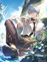 1boy absurdres antenna_hair armlet black_necktie black_shoes blue_eyes blue_sky brown_pants collared_shirt commentary_request company_name highres honkai:_star_rail honkai_(series) jewelry looking_to_the_side male_focus necktie official_alternate_costume official_art pants partially_unbuttoned pectoral_cleavage pectorals phainon_(anan)_(honkai:_star_rail) phainon_(honkai:_star_rail) see-through_clothes see-through_shirt shirt shirt_tucked_in shoes short_hair sitting sky solo sunlight wet wet_clothes wet_pants wet_shirt white_hair white_shirt