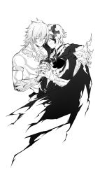 Rule 34 | 2boys, absurdres, arm tattoo, armlet, armor, black cloak, braid, chest tattoo, clawed gauntlets, cloak, closed eyes, cracked skin, facial tattoo, flame reaver of the deepest dark, greyscale, hair between eyes, highres, holding hands, honkai: star rail, honkai (series), hood, hood down, hooded cloak, jewelry, kylesaroyan2, male focus, medium hair, monochrome, multiple boys, mydei (honkai: star rail), necklace, pauldrons, phainon (honkai: star rail), shoulder armor, side braid, simple background, single pauldron, tattoo, white background, yaoi
