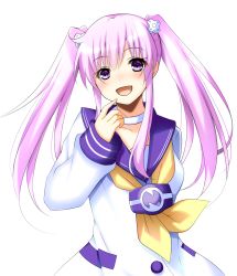 1girl blush collar collarbone commentary_request d-pad d-pad_hair_ornament doria_(p_f_dolia) dress finger_to_mouth hair_between_eyes hair_ornament highres long_hair looking_at_viewer neckerchief nepgear neptune_(series) open_mouth purple_eyes purple_hair sailor_dress simple_background solo twintails white_background yellow_neckerchief