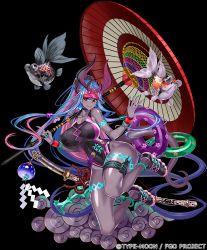 1girl ass blue_hair breasts curvy fate/grand_order fate_(series) fish gray_skin highres honjou_raita horns huge_breasts ibuki_douji_(fate) ibuki_douji_(swimsuit_berserker)_(fate) ibuki_douji_(swimsuit_berserker)_(first_ascension)_(fate) koi_fish long_hair nail_polish official_art pointy_ears ponytail red_eyes shiny_skin smile solo sports_bikini swimsuit sword tail umbrella very_long_hair weapon wide_hips