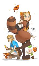 1girl 2boys :d :o ^_^ animal_costume animal_ears animal_hood apron artist_name blonde_hair blue_eyes blue_tunic blush boots braid brown_boots brown_gloves closed_eyes closed_mouth commentary_request crown_braid earrings fingerless_gloves gloves green_eyes green_toad_(mario) hair_ornament hairclip hand_up highres holding holding_leaf hood hood_up index_finger_raised jewelry korean_commentary layered_sleeves leaf link long_sleeves looking_at_viewer mario_(series) medium_hair multiple_boys nintendo open_mouth pants parted_bangs paw_pose pointy_ears ponytail princess_zelda raccoon_costume raccoon_ears raccoon_hood raccoon_tail rupee_(zelda) shirt short_hair short_over_long_sleeves short_sleeves sidelocks simple_background single_braid smile squatting ssuregigame standing super_leaf super_leaf_(transformation) sweatdrop tail the_legend_of_zelda the_legend_of_zelda:_tears_of_the_kingdom toad_(mario) tunic white_apron white_background white_pants white_shirt
