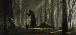 1boy absurdres artist_name black_coat black_hair chinese_commentary coat commentary_request day digging forest from_side gloves grave graveyard highres leonard_mitchell lord_of_the_mysteries male_focus nature osot- outdoors planted planted_shovel red_gloves short_hair shovel solo tombstone