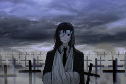 1girl bandages bandaged_arm bandaged_head bandages black_eyes black_jacket black_neckwear chainsaw_man collared_shirt cross expressionless grave graveyard highres himeno_(chainsaw_man) jacket long_hair long_sleeves necktie no_pupils one_eye_covered pale_skin sad shinamoku00 shirt three-quarter_sleeves white_shirt