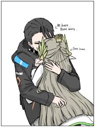 1boy 1girl arknights black_coat black_hair brown_eyes coat collar doctor_(arknights) elf famikaito highres hug hug_from_behind male_doctor_(arknights) mole mole_under_eye muelsyse_(arknights) non-web_source pointy_ears simple_background twitter_username white_coat