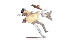 1boy 1girl absurdres black_hair blonde_hair char_aznable dress formal_clothes gundam gundam_gquuuuuux hat highres hug lalah_sune motion_blur pants shadow shiburingaru shoes short_hair simple_background straw_hat suit twintails white_background white_pants white_shoes white_suit yellow_dress