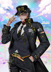 Rule 34 | 1boy, absurdres, artist name, belt, black hair, chain, character name, cigarette, commentary, copyright name, ear piercing, earrings, english commentary, gold chain, gold ring, hand in pocket, hat, highres, jewelry, jojo no kimyou na bouken, kuujou joutarou, long coat, multiple belts, necktie, piercing, solo, stardust crusaders, stud earrings, veela