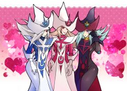 Rule 34 | 3girls, black gloves, black hat, black tabard, blonde hair, blue hair, dual persona, duel monster, gloves, grey hair, hair over one eye, hat, heart, heart background, jojorca, long hair, multiple girls, multiple persona, pink background, silent magician, tabard, white gloves, white hat, white tabard, wizard hat, yu-gi-oh!