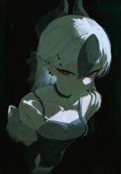 1girl absurdres black_choker black_dress black_hair black_horns blue_archive breasts choker demon_horns diamond_necklace dress ear_piercing grey_halo hair_between_eyes halo highres horns kayoko_(blue_archive) kayoko_(dress)_(blue_archive) long_hair looking_at_viewer multicolored_hair official_alternate_costume piercing red_eyes s0lari_sub solo white_hair