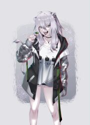1girl absurdres animal_ears arm_at_side breasts bullet_hole candy choker clothes_writing cutoffs ear_piercing fangs feet_out_of_frame food grey_eyes grey_hair grey_jacket hair_between_eyes hand_up highres holding holding_candy holding_food holding_lollipop hololive jacket jewelry lion_ears lion_girl lion_tail lollipop long_hair long_sleeves looking_at_viewer open_clothes open_jacket open_mouth pendant piercing ryou_(monstercat_nc42) shirt shishiro_botan shorts small_breasts solo standing tail tongue tongue_out v-shaped_eyebrows virtual_youtuber white_shirt