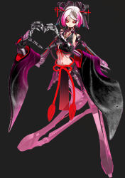 1girl 3d asian bare_shoulders black_skirt bow calne_ca_(deino) crop_top deino_(deino3330) detached_sleeves grey_background hair_bow heart heart-shaped_pupils heart_hands loincloth looking_at_viewer mechanical_arms mechanical_legs midriff nato-kun navel original pink_hair red_eyes short_hair skirt solo symbol-shaped_pupils