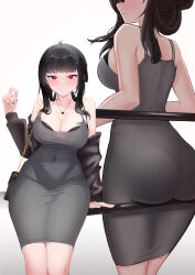 1girl absurdres against_railing ass bag barcode barcode_tattoo black_bra black_hair black_nails blush bra bra_peek breast_tattoo breasts cleavage closed_mouth collarbone covered_navel curvy d_(killer_wife)_(nikke) d_(nikke) dizzykone dongtan_dress dress goddess_of_victory:_nikke grey_dress hair_ornament hairclip handbag highres large_breasts looking_at_viewer multiple_views on_railing panties_visible_through_clothes railing red_eyes simple_background smile tattoo underwear white_background