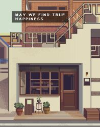 bistro_table brick_wall building concrete door english_text highres no_humans onlypixeeels original patio pixel_art plant potted_plant railing scenery sign window wooden_door