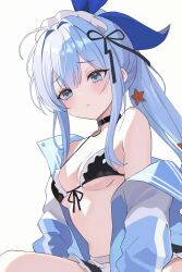 1girl absurdres ahoge anchor_(innocent_maid)_(nikke) anchor_(nikke) bare_shoulders bikini black_bikini black_choker black_skirt blue_jacket breasts choker frilled_bikini frills front-tie_bikini_top front-tie_top frown goddess_of_victory:_nikke hair_ribbon highres jacket long_hair looking_ahead maid_headdress miniskirt no_navel off_shoulder official_alternate_costume open_clothes open_jacket parted_lips ponytail ribbon simple_background skirt small_breasts solo string_bikini swimsuit szkure. white_background