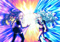 absurdres belt black_thighhighs blue_eyes blue_hair fishnets highres hololive hololive_indonesia kobo_kanaeru leg_warmers long_hair midriff moona_hoshinova multicolored_eyes multicolored_hair open_mouth purple_eyes purple_hair scene_reference shorts skirt smile thighhighs twitter_username white_hair zoru_pines