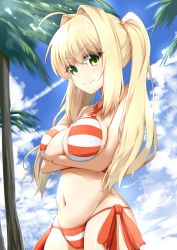 1girl absurdres ahoge bare_shoulders bikini blonde_hair blue_sky blush borumete breasts cleavage closed_mouth collarbone criss-cross_halter crossed_arms day earrings fate/grand_order fate_(series) female_focus green_eyes hair_between_eyes hair_intakes halterneck highres jewelry large_breasts long_hair looking_at_viewer navel nero_claudius_(fate) nero_claudius_(swimsuit_caster)_(fate) red_bikini sky smile solo striped_bikini striped_clothes swimsuit twintails