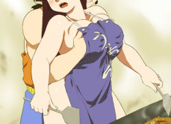 1boy 1girl apron bare_shoulders blush breasts brown_hair cleavage curvy food grabbing_another&#039;s_breast grabbing_from_behind grill groping hetero highres kuonji_ukyou large_breasts long_hair mage_(harumagedon) naked_apron okonomiyaki open_mouth plump ranma_1/2 saotome_ranma spatula standing thick_thighs thighs wide_hips
