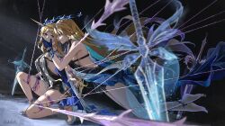2girls absurdres bare_shoulders barefoot black_dress blonde_hair blood blue_eyes blue_hair breasts cartethyia_(wuthering_waves) colored_inner_hair commentary crown_of_thorns dress dual_persona earrings english_commentary erikvarts fleurdelys_(wuthering_waves) from_side full_body hand_on_another&#039;s_face highres huge_breasts jewelry long_hair looking_at_another medium_breasts multicolored_hair multiple_girls parted_lips planted planted_sword planted_weapon pointy_ears restrained sandals sword tabard tacet_mark_(wuthering_waves) thighs very_long_hair weapon white_sandals white_tabard wuthering_waves