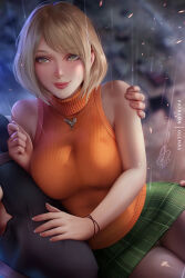 1boy 1girl ashley_graham blonde_hair blurry blurry_background breasts jewelry large_breasts leon_s._kennedy lips looking_at_viewer necklace olchas orange_sweater panties pantyshot plaid_clothes plaid_skirt rain resident_evil resident_evil_4 resident_evil_4_(remake) short_hair skirt sleeveless sleeveless_sweater sleeveless_turtleneck smile solo_focus sweater turtleneck underwear white_panties yellow_eyes