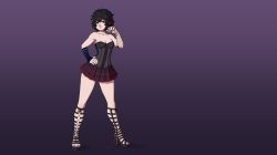 Rule 34 | 1girl, absurdres, bags under eyes, black hair, black lagoon, blue eyes, dress, earrings, electrolarynx, female focus, frederica sawyer, goth fashion, hand on own hip, high heels, highres, jewelry, nail polish, petite, sandcasks, scar, short hair, skirt, solo