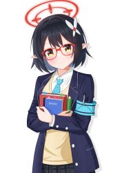 1girl absurdres aqua_armband aqua_necktie armband asagizu ayane_(blue_archive) black_hair black_jacket blue_archive book commentary glasses hair_ornament halo highres holding holding_book hugging_book hugging_object jacket looking_at_viewer necktie pointy_ears red_halo shirt short_hair smile solo vest white_shirt yellow_eyes yellow_vest