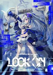 Rule 34 | 1girl, amane kanata, angel, angel wings, arm up, bare shoulders, bell, black bra, blue eyes, blue hair, blue shoes, blue skirt, blue trim, bra, character name, clenched hand, commentary, commentary request, cropped jacket, english commentary, english text, flat chest, full body, grey hair, half-skirt, halo, highres, holding, holding megaphone, hololive, jacket, long hair, looking at viewer, loose socks, megaphone, mini wings, multicolored hair, navel, official alternate costume, official alternate hairstyle, official art, open clothes, open jacket, oshioshio, outdoors, partial commentary, second-party source, shoes, short shorts, shorts, single hair intake, skirt, socks, solo, sports bra, star halo, stomach, streaked hair, timestamp, underwear, virtual youtuber, white jacket, white shorts, white socks, wings, wristband