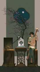 1girl black_footwear black_hair chair china_dress chinese_clothes closed_eyes crossed_legs dress earrings flower footstool full_moon green_background green_dress grey_background highres ibuki_satsuki instrument jewelry lipstick long_dress makeup moon music original outside_border pink_flower pink_lips pipa_(instrument) playing_instrument sanxian_(instrument) short_sleeves sitting solo table tree wooden_table