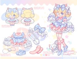 1girl apron bell blonde_hair blue_bow blue_eyes blue_shoes bow cat commentary cutesu cutesu_(cutesuu) double_bun dress eyepatch frills hair_bell hair_bow hair_bun hair_ornament highres jingle_bell lolita_fashion long_sleeves medical_eyepatch multiple_views original pink_dress reference_sheet shoes sleeves_past_fingers sleeves_past_wrists smile socks sweet_lolita wings yume_kawaii