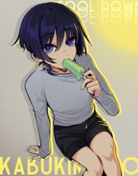 1boy alternate_costume androgynous arm_at_side arm_support black_hair black_shorts blunt_ends carbuncly casual character_name contemporary eyeliner eyeshadow fingernails food food_in_mouth genshin_impact grey_shirt grey_sleeves hair_intakes hand_up holding holding_food holding_popsicle long_sleeves looking_at_viewer looking_up makeup male_focus melting_popsicle mole mole_under_eye multicolored_hair popsicle popsicle_in_mouth purple_eyes purple_hair red_eyeliner red_eyeshadow scaramouche_(genshin_impact) scaramouche_(kabukimono)_(genshin_impact) shirt shorts solo streaked_hair tsurime twitter_username wispy_bangs