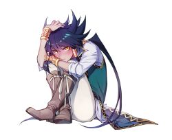 1boy aigami ankh ankh_hair_ornament black_hair blush boots brown_boots closed_mouth cm_(tenji1352) crossed_ankles dark-skinned_male dark_skin footwear_ribbon full_body gold_trim gold_wrist_cuffs green_jacket hair_ornament hair_tubes hand_on_own_head jacket knee_boots knees_to_chest leather leather_boots light_frown long_hair low_ponytail male_focus open_clothes open_jacket pants ponytail shirt sidelocks sitting sleeve_cuffs sleeves_rolled_up solo spiked_hair transparent_background very_long_hair white_shirt wrist_cuffs yellow_eyes yu-gi-oh! yu-gi-oh!_the_dark_side_of_dimensions