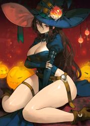 1girl absurdres arm_under_breasts arowana2111 belt blue_hat blue_leotard blue_sleeves boots breasts brown_belt brown_boots brown_hair closed_mouth commentary curvy detached_sleeves english_commentary feet_out_of_frame hair_between_eyes hat high_heel_boots high_heels highres large_breasts leotard looking_at_viewer original puffy_sleeves pumpkin purple_eyes sitting solo strapless strapless_leotard thigh_belt thigh_strap thighs wariza witch_hat