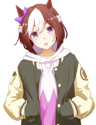 1girl animal_ears black_jacket bow brown_hair ear_bow hands_in_pockets highres hood hooded_sweater horse_ears horse_girl jacket jagili_noe looking_at_viewer multicolored_hair open_mouth purple_bow purple_eyes raglan_sleeves short_hair simple_background solo special_week_(umamusume) sweater two-tone_hair umamusume upper_body white_background white_hair