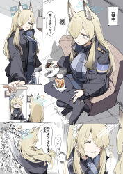 1boy absurdres anger_vein angry animal_ear_fluff animal_ears black_jacket black_pantyhose blonde_hair blue_archive blue_eyes blue_necktie blue_shirt blue_skirt breaking broken_mirror crossed_legs dog_ears dog_girl doodle_sensei_(blue_archive) forced_smile hair_over_one_eye highres jacket kanna_(blue_archive) looking_at_another looking_at_mirror looking_at_viewer maton_3110 mirror necktie on_chair pantyhose sensei_(blue_archive) sharp_teeth shirt sitting skirt sweatdrop teeth