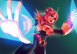 absurdres armor black_bodysuit blue_eyes bodysuit breasts cowboy_shot date_pun green_background highres holographic_interface medium_breasts medium_hair mega_man_(series) mega_man_x:_command_mission mega_man_x_(series) multicolored_hair nana_(mega_man_x:_command_mission) number_pun pink_hair simple_background streaked_hair two-tone_hair watashi_wa_dink white_hair