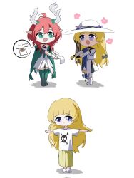 2girls blonde_hair blue_eyes ciaccona_(wuthering_waves) commentary cryne dress english_commentary flower green_eyes green_jacket hat highres jacket long_hair long_sleeves looking_down multiple_girls open_mouth phoebe_(wuthering_waves) pointy_ears red_hair sad shirt simple_background skirt skull_print smile t-shirt tacet_mark_(wuthering_waves) tree_horns white_background white_dress white_hat white_shirt white_skirt wuthering_waves