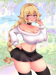1girl black_skirt black_thighhighs blonde_hair blush braid breasts bush choker cleavage cloud collarbone flower gazebo grass grey_sweater hand_on_own_hip house large_breasts long_hair long_sleeves looking_at_viewer midriff navel off-shoulder_sweater off_shoulder original pink_eyes single_braid skirt sky smile standing sugarbell sweater thighhighs tree