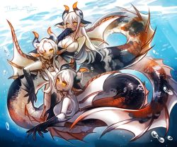 3girls arm_under_breasts artist_name bikini bikini_top_only blue_background blue_scales blue_skin bubble closed_mouth colored_skin fingernails fins forked_tongue full_body gem halterneck hand_up head_fins hogara horns long_hair long_tongue looking_at_viewer mermaid monster_girl multiple_girls orange_gemstone orange_scales orange_skin original parted_lips sharp_fingernails sidelocks slit_pupils spines swimming swimsuit tongue tongue_out underwater white_hair white_scales white_skin yellow_eyes
