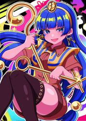 1girl black_thighhighs blue_eyes blue_hair brown_shirt brown_shorts collared_shirt earrings facial_mark gold_hairband hairband halftone highres holding ishiki_nuru jewelry key_earrings long_hair michigami_nareko open_mouth scepter shirt short_shorts short_sleeves shorts signature smile solo thighhighs touhou triangle triangle_facial_mark very_long_hair