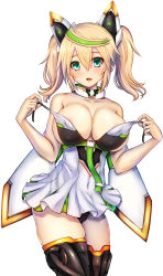 1girl aqua_eyes bare_shoulders blonde_hair blush breasts choker collarbone covered_erect_nipples cowboy_shot fang female_focus gene_(pso2) green_hair hair_between_eyes harukaze_bou head_tilt highres large_breasts long_hair multicolored_hair open_mouth phantasy_star phantasy_star_online_2 pleated_skirt skindentation skirt solo streaked_hair twintails two-tone_hair