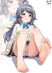 1girl barefoot black_hair blue_eyes blush cameltoe darkswan feet hair_ornament hairclip highres inohara_koboshi long_hair ongeki open_mouth panties pantyshot soles toes underwear