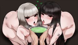 1other 2girls absurdres ass black_eyes black_hair blunt_bangs breasts choker command_spell cup eyeliner fate/grand_order fate_(series) grey_hair highres inverted_nipples komahime_(fate) leaning_forward long_hair looking_at_viewer makeup multiple_girls open_mouth owner1657 sen_no_rikyu_(fate) short_hair small_breasts tea thighs tongue tongue_out very_long_hair