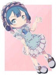 Rule 34 | 1boy, apron, blue apron, blue bow, blue bowtie, blue eyes, blue hair, blush, boots, bow, bowtie, crossdressing, crossdressing (mtf), dress, highres, made in abyss, maid, maid apron, maid day, maid headdress, male focus, maruruk, pink background, short hair, solo, trap, waving, whistle, whistle around neck, white dress, ximu shilang