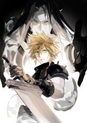 Rule 34 | 2boys, absurdres, armor, black gloves, black sweater, blonde hair, brown gloves, buster sword, clenched teeth, cloud strife, covered mouth, final fantasy, final fantasy vii, final fantasy vii remake, fui (fui29493452), gloves, green eyes, grey hair, hair intakes, hand up, hands up, highres, holding, holding sword, holding weapon, long hair, male focus, multiple boys, official alternate eye color, outstretched arms, parted bangs, parted lips, pauldrons, sephiroth, serious, short hair, shoulder armor, single pauldron, size difference, sleeveless, sleeveless sweater, sleeveless turtleneck, spiked hair, standing, sweater, sword, teeth, tentacles, toned, toned male, turtleneck, turtleneck sweater, upper body, very long hair, weapon