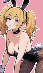 1girl ani_(xai) animal_ears black_choker blonde_hair blue_eyes blush breasts choker cleavage fishnets highres lace-trimmed_choker lace_trim leotard non-web_source playboy_bunny rabbit_ears rabbit_tail solo tail twintails