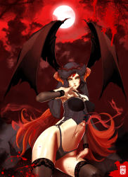 1girl black_eyes blood corset crown_of_thorns cuts demon_girl detached_sleeves female_focus finger_to_mouth full_moon head_wings highres horns injury lace lingerie long_hair midriff mole mole_under_eye moon navel original panties red_hair red_sky scar sky solo stitched stitches thighhighs third-party_edit ukero underwear very_long_hair wings