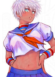 1girl blue_eyes blue_sailor_collar blue_shirt bracelet commentary dark-skinned_female dark_skin delarocha82 elena_(street_fighter) jewelry navel neck_ring neckerchief red_neckerchief sailor_collar school_uniform serafuku shirt short_hair short_sleeves solo street_fighter white_background white_hair
