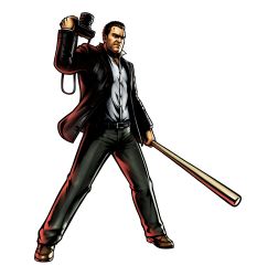 1boy absurdres baseball_bat belt brown_hair camera capcom dead_rising frank_west full_body highres jacket male_focus marvel marvel_vs._capcom marvel_vs._capcom_3 mori_toshiaki official_art solo standing transparent_background weapon
